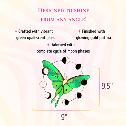 This image details the dimensions of the stained glass luna moth with moon phases: 9.5 inches tall and 9 inches wide.