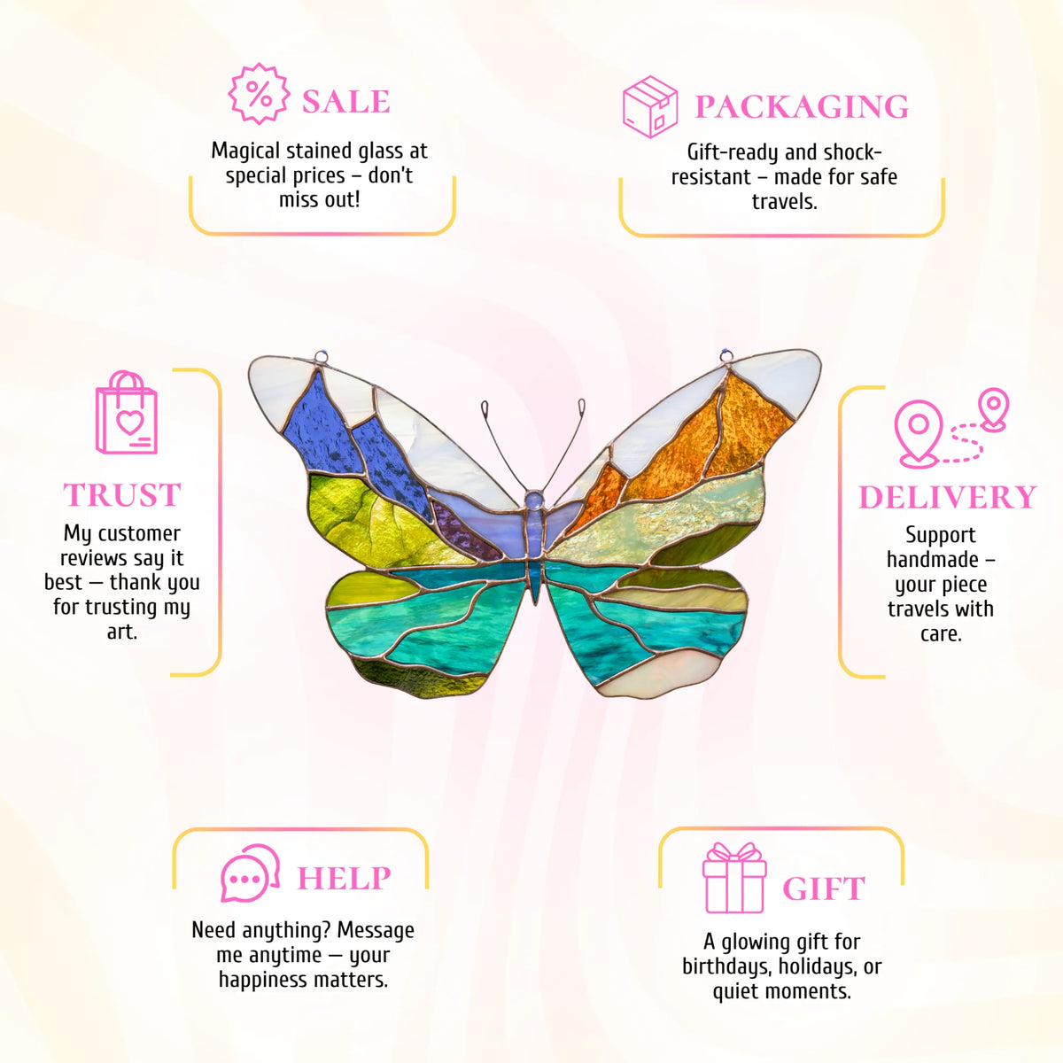 A magical stained glass glacier mountains butterfly infographic, perfect as a thoughtful gift packaged securely for safe transit.