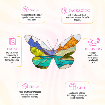 A magical stained glass glacier mountains butterfly infographic, perfect as a thoughtful gift packaged securely for safe transit.