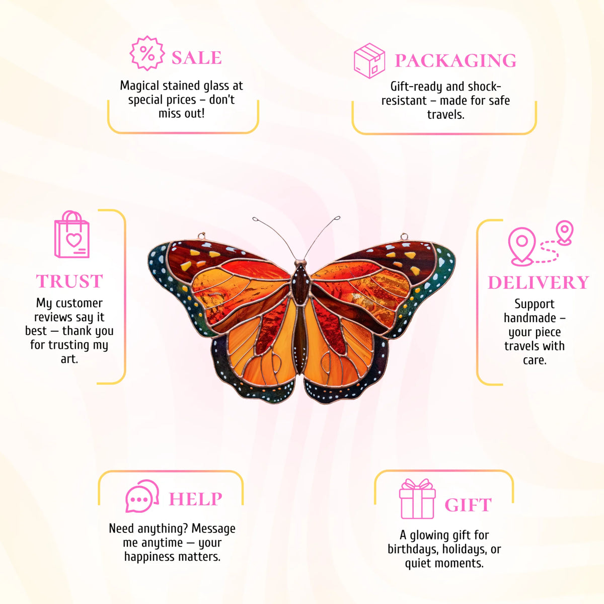 This stained glass monarch butterfly infographic presents a glowing gift choice, carefully packaged and backed by customer trust.