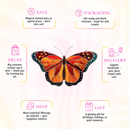 This stained glass monarch butterfly infographic presents a glowing gift choice, carefully packaged and backed by customer trust.