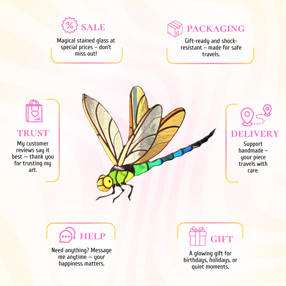 A vibrant green stained glass dragonfly info infographic, highlighting its appeal as a unique and memorable gift.