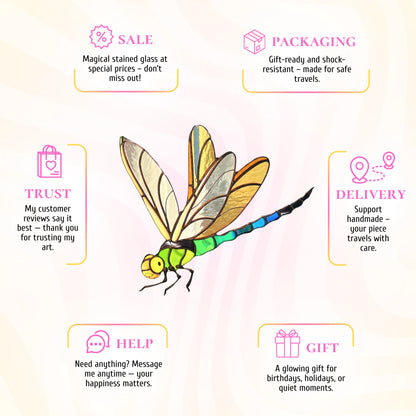 A vibrant green stained glass dragonfly info infographic, highlighting its appeal as a unique and memorable gift.