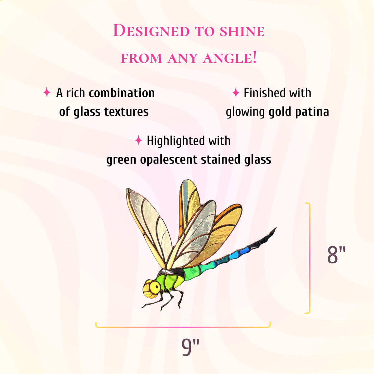This dimensions infographic details the stained glass dragonfly, showing a height of 8 inches and a width of 9 inches.