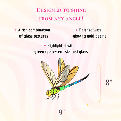 This dimensions infographic details the stained glass dragonfly, showing a height of 8 inches and a width of 9 inches.