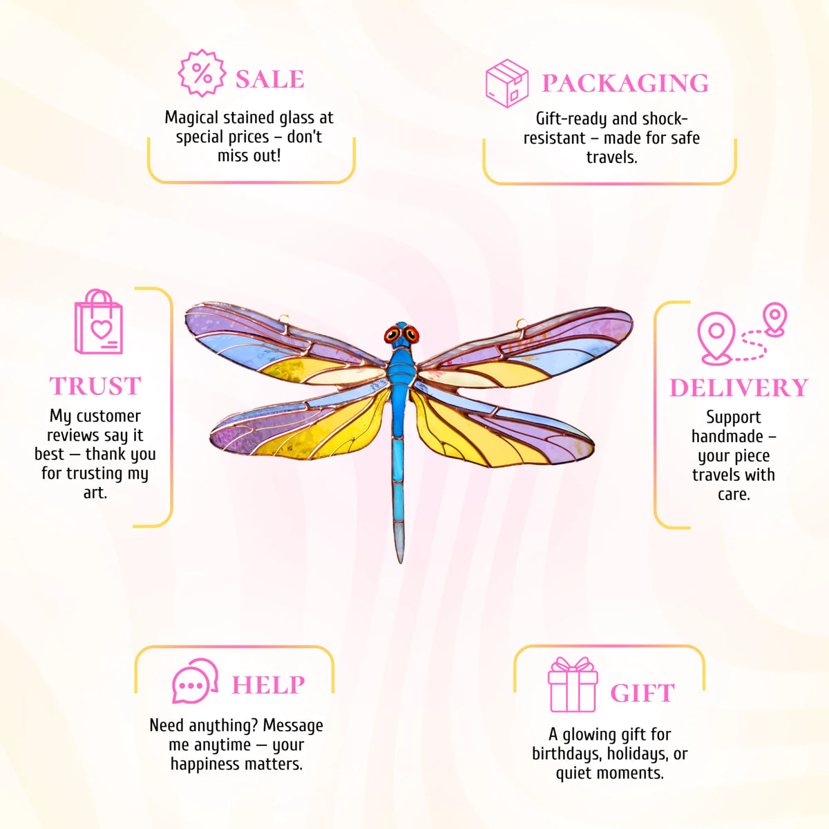This colorful stained glass dragonfly infographic features service highlights and makes a wonderful gift for special occasions.