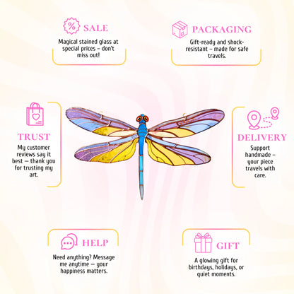 This colorful stained glass dragonfly infographic features service highlights and makes a wonderful gift for special occasions.
