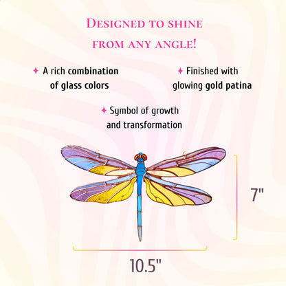 This dimensions infographic specifies that the colorful stained glass dragonfly measures 7 inches tall and 10.5 inches wide.