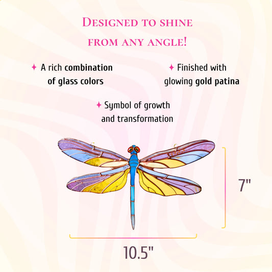 This dimensions infographic specifies that the colorful stained glass dragonfly measures 7 inches tall and 10.5 inches wide.