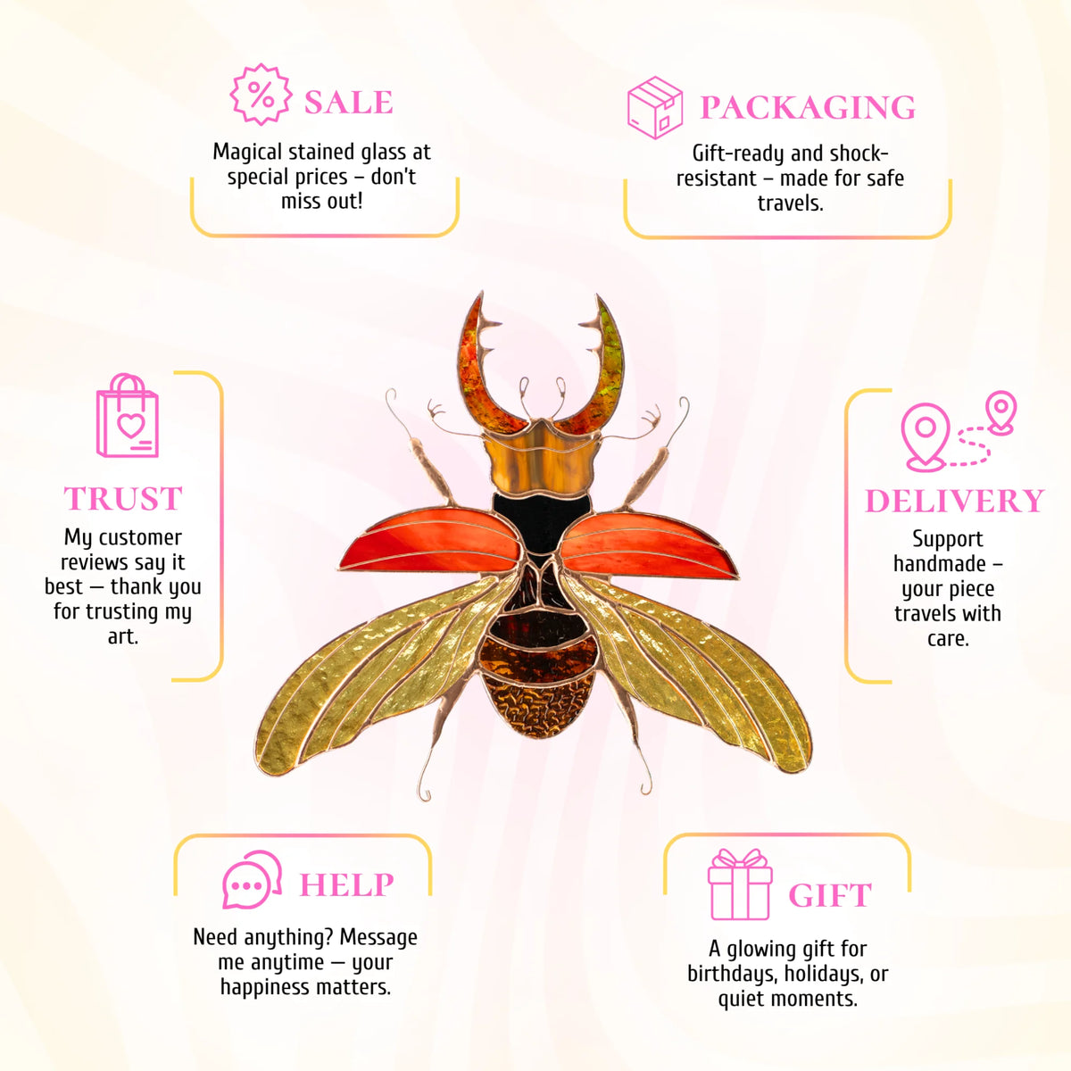 This magical stained glass stag beetle info infographic highlights its appeal as a wonderful gift for any celebration.