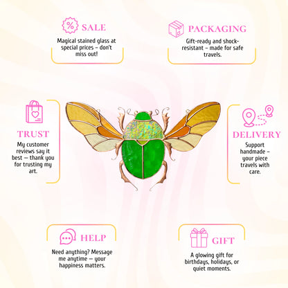 A promotional infographic for a handmade beetle art piece, featuring a central green and iridescent beetle with orange-brown wings, surrounded by six labeled callouts: Sale, Packaging, Trust, Delivery, Help, and Gift, on a pale pink background.