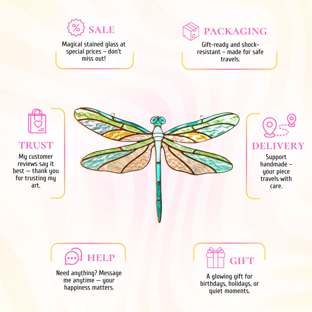 This stained glass dragonfly suncatcher infographic highlights its beauty as a wonderful gift for any celebration.