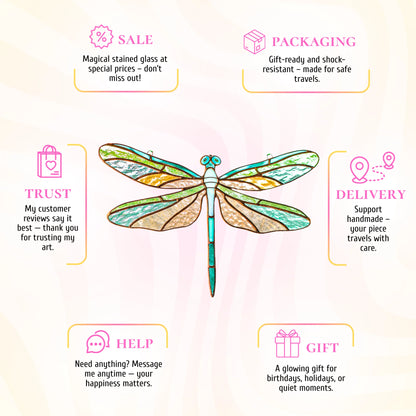 This stained glass dragonfly suncatcher infographic highlights its beauty as a wonderful gift for any celebration.
