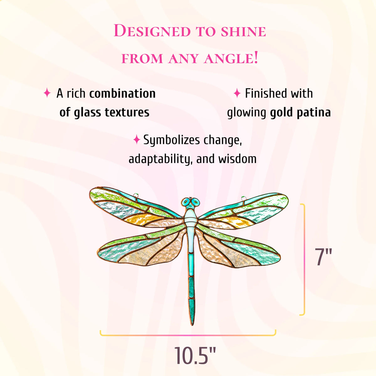 This dimensions infographic indicates the stained glass dragonfly measures 10.5 inches high by 7 inches wide, finished with gold patina.