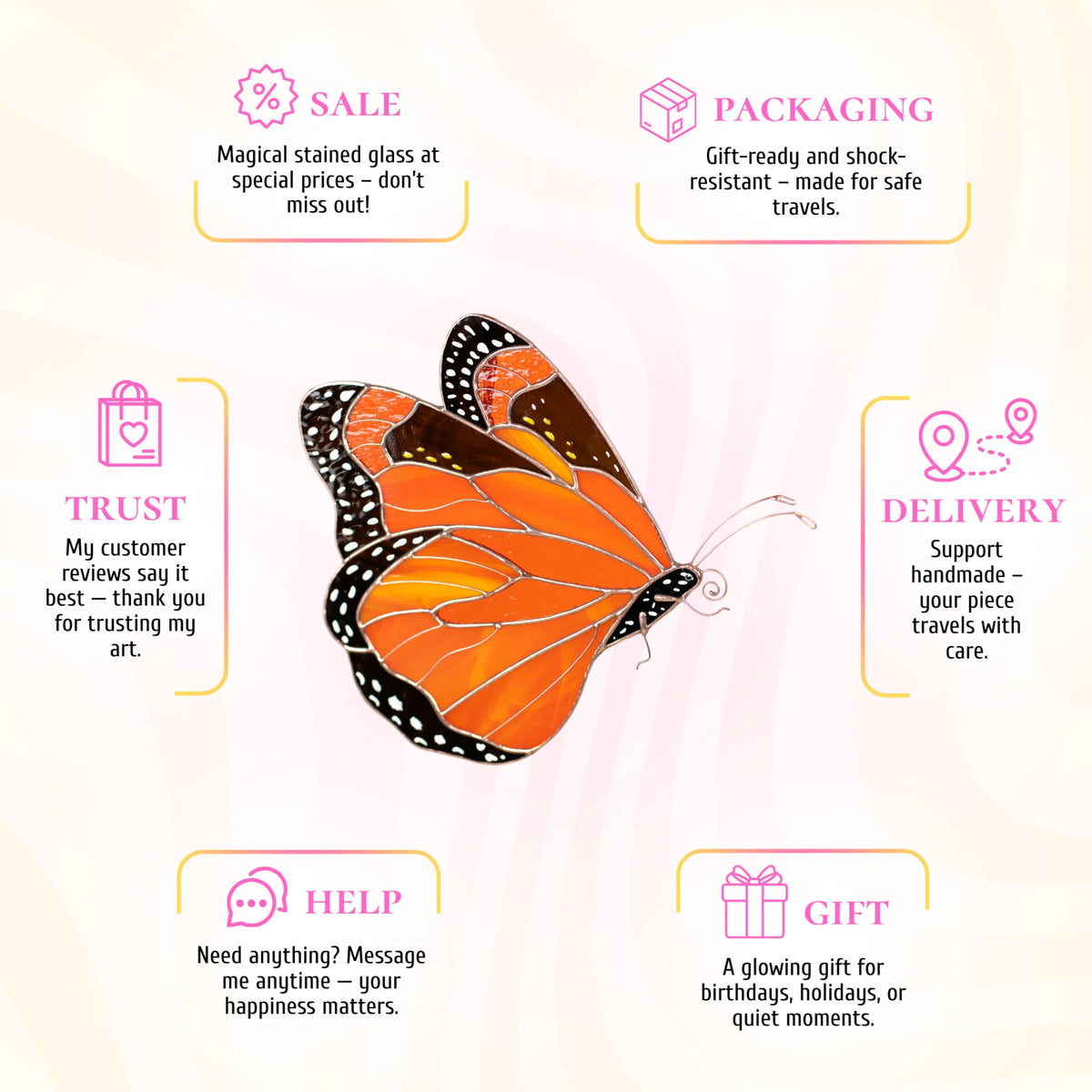 A promotional graphic featuring a large orange-and-black butterfly in the center, surrounded by six rounded text panels with icons and phrases such as SALE, PACKAGING, TRUST, DELIVERY, HELP, and GIFT on a pale pink background.