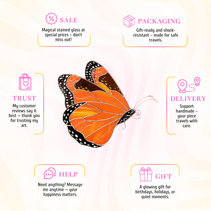 A promotional graphic featuring a large orange-and-black butterfly in the center, surrounded by six rounded text panels with icons and phrases such as SALE, PACKAGING, TRUST, DELIVERY, HELP, and GIFT on a pale pink background.