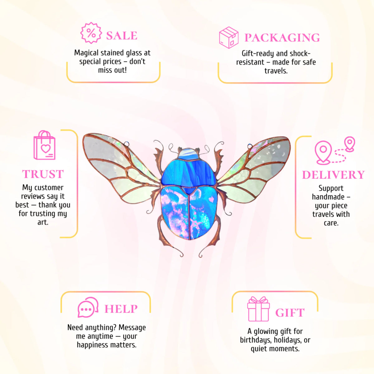his stained glass blue scarab beetle infographic presents it as a glowing gift choice, carefully packaged and backed by customer trust.