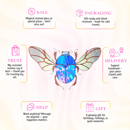 his stained glass blue scarab beetle infographic presents it as a glowing gift choice, carefully packaged and backed by customer trust.