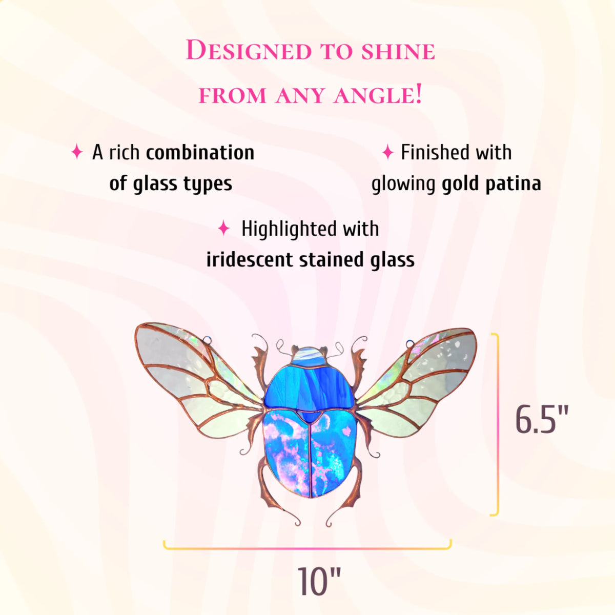 This dimensions infographic indicates the stained glass blue scarab beetle measures 10 inches high by 6.5 inches wide, finished with gold patina.
