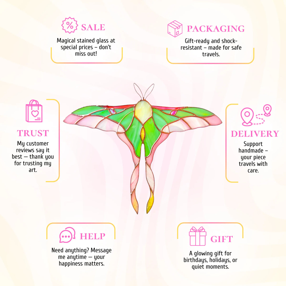 This stained glass pink and green luna moth infographic highlights it as a wonderful, glowing gift choice packaged securely for safe travel.