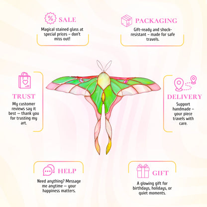 This stained glass pink and green luna moth infographic highlights it as a wonderful, glowing gift choice packaged securely for safe travel.