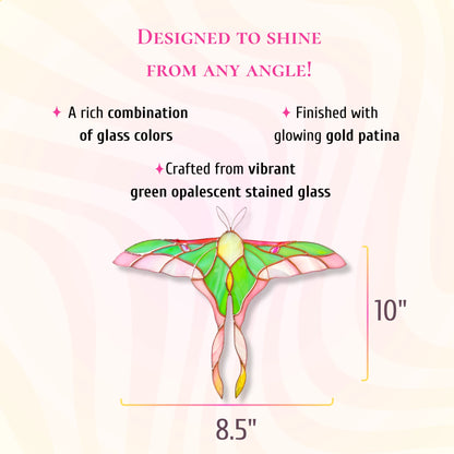 This dimensions infographic shows the stained glass pink and green luna moth is 10 inches tall and 8.5 inches wide, finished with gold patina.