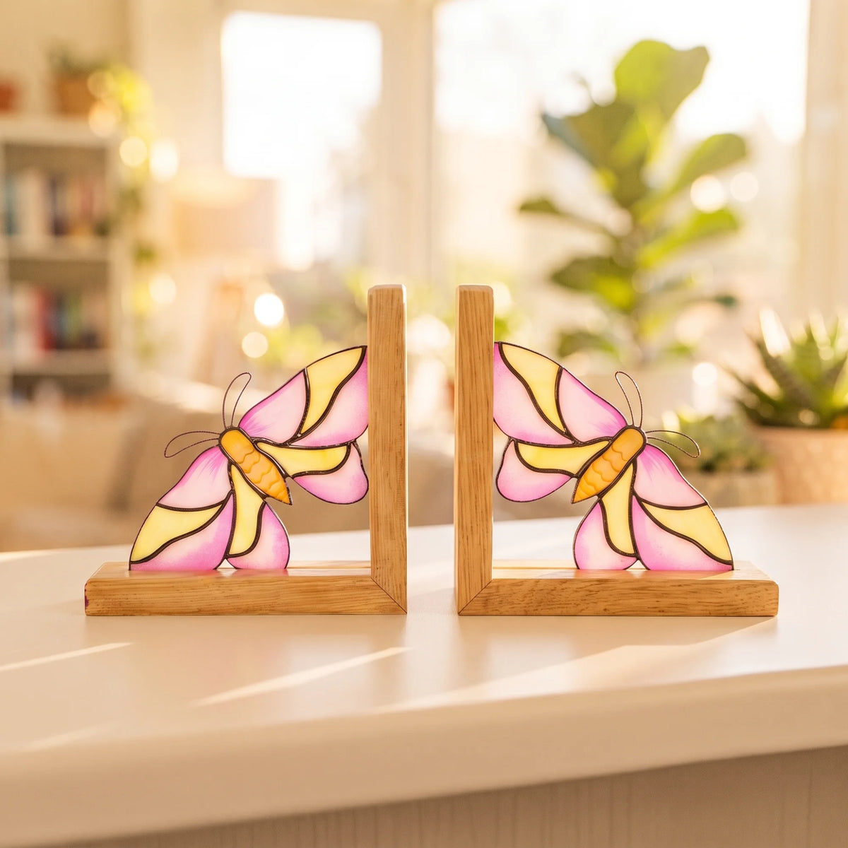 Two wooden bookends shaped like pink and yellow stained-glass rosy maple moths, displayed on a light-colored tabletop in a softly blurred home interior.