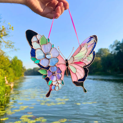 Pink Butterfly with Floral Wings · Stained Glass Suncatcher