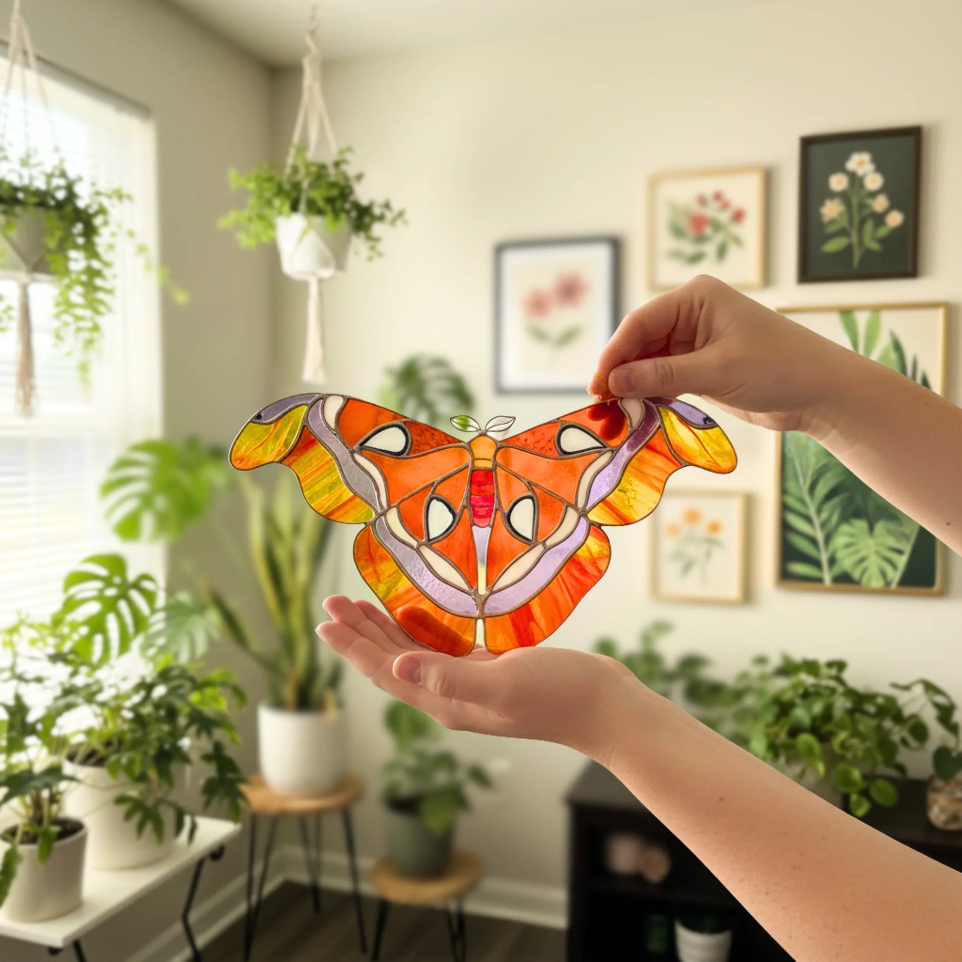 A person holds a colorful stained-glass-style moth suncatcher in front of their hands, with a softly blurred indoor room featuring potted plants and framed botanical prints in the background.