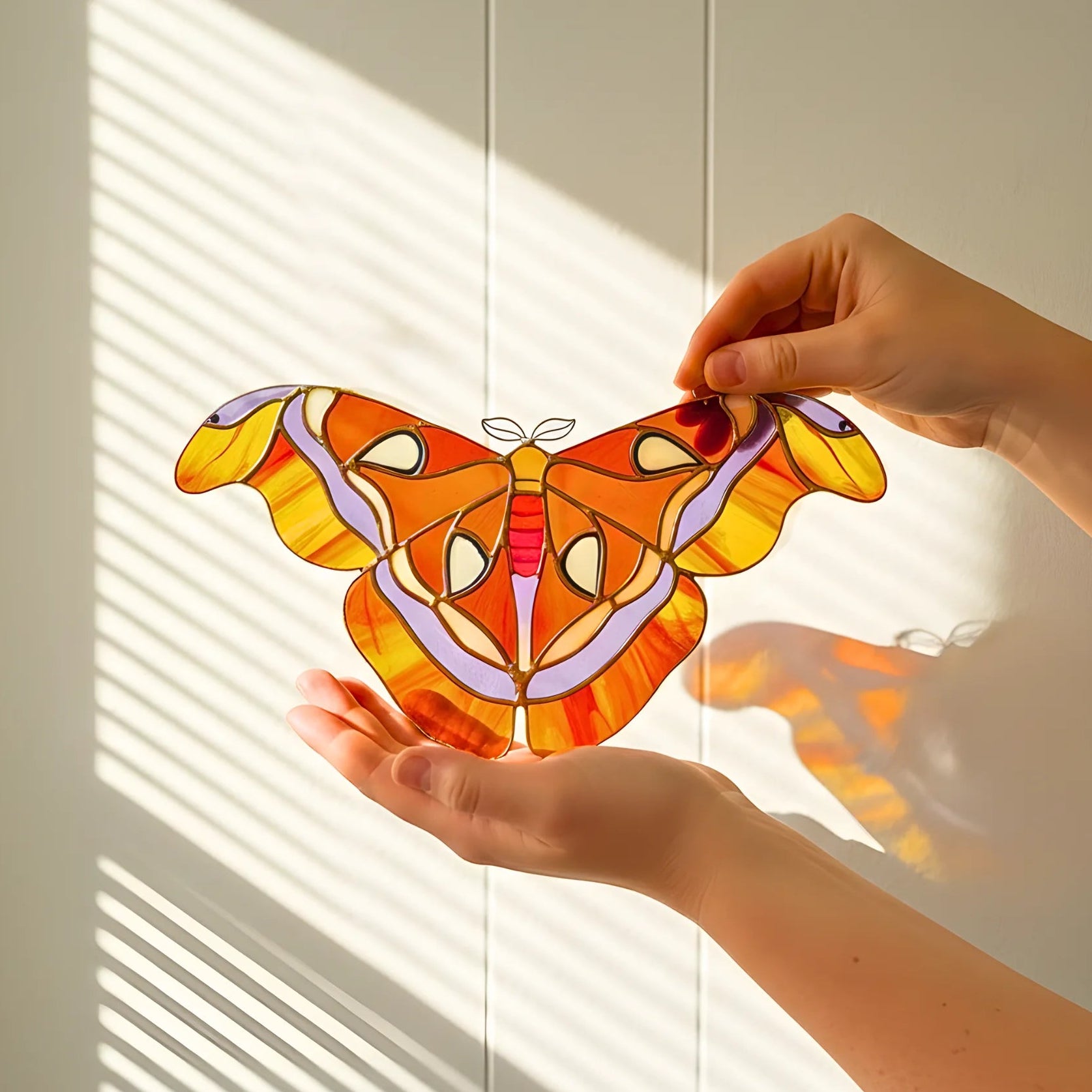 A person holds a stained-glass-style moth or butterfly ornament with orange, yellow, red, and lavender sections in front of a window with soft diagonal light and shadow lines.