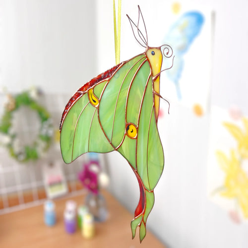 Luna Moth · Stained Glass Suncatcher · Side-Profile