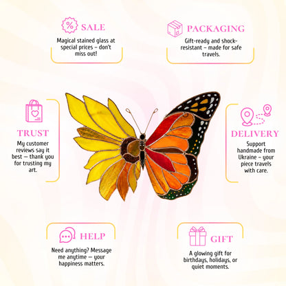 This stained glass sunflower-monarch butterfly infographic highlights its beauty as a special gift, complete with secure shipping and trusted quality.