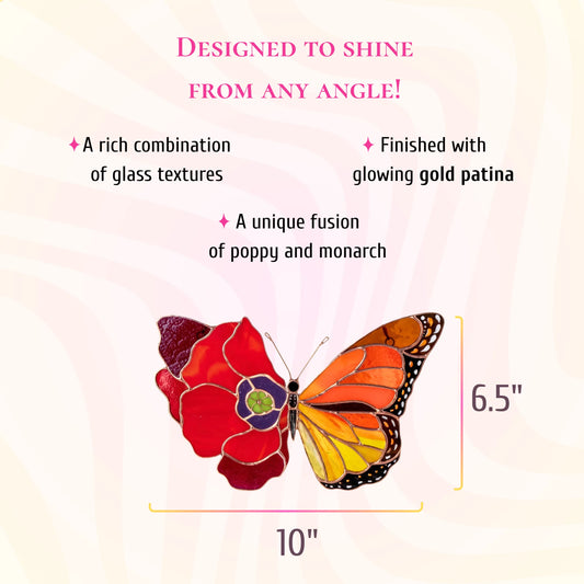 This handcrafted stained glass poppy-monarch butterfly features rich glass textures, gold patina, and measures 10 inches wide by 6.5 inches high.