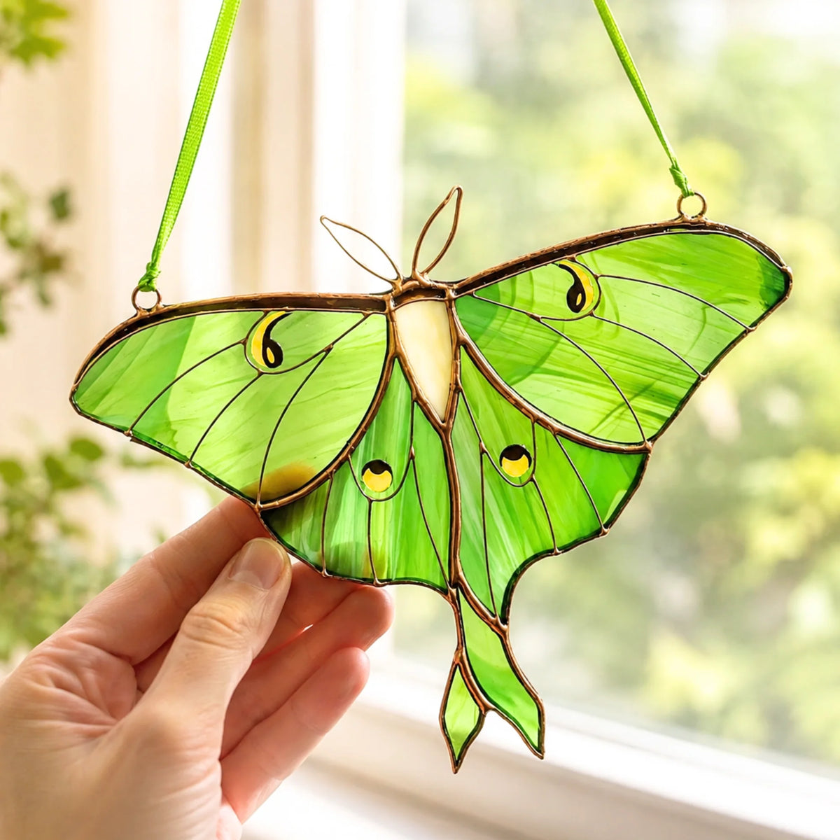 A stained glass luna moth ornament with vibrant green panels, gold accents, and a green hanging ribbon, held by a hand in front of a softly blurred window background.