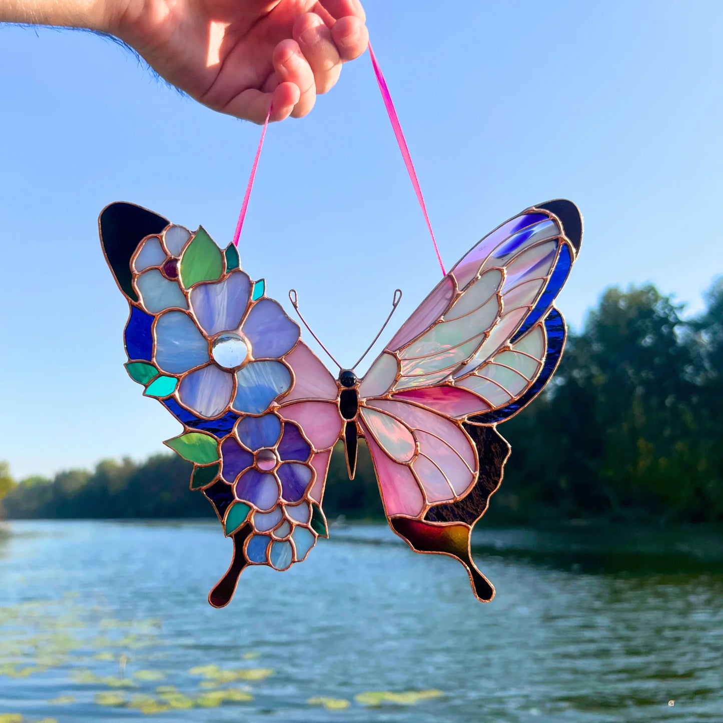 Pink Butterfly with Floral Wings · Stained Glass Suncatcher