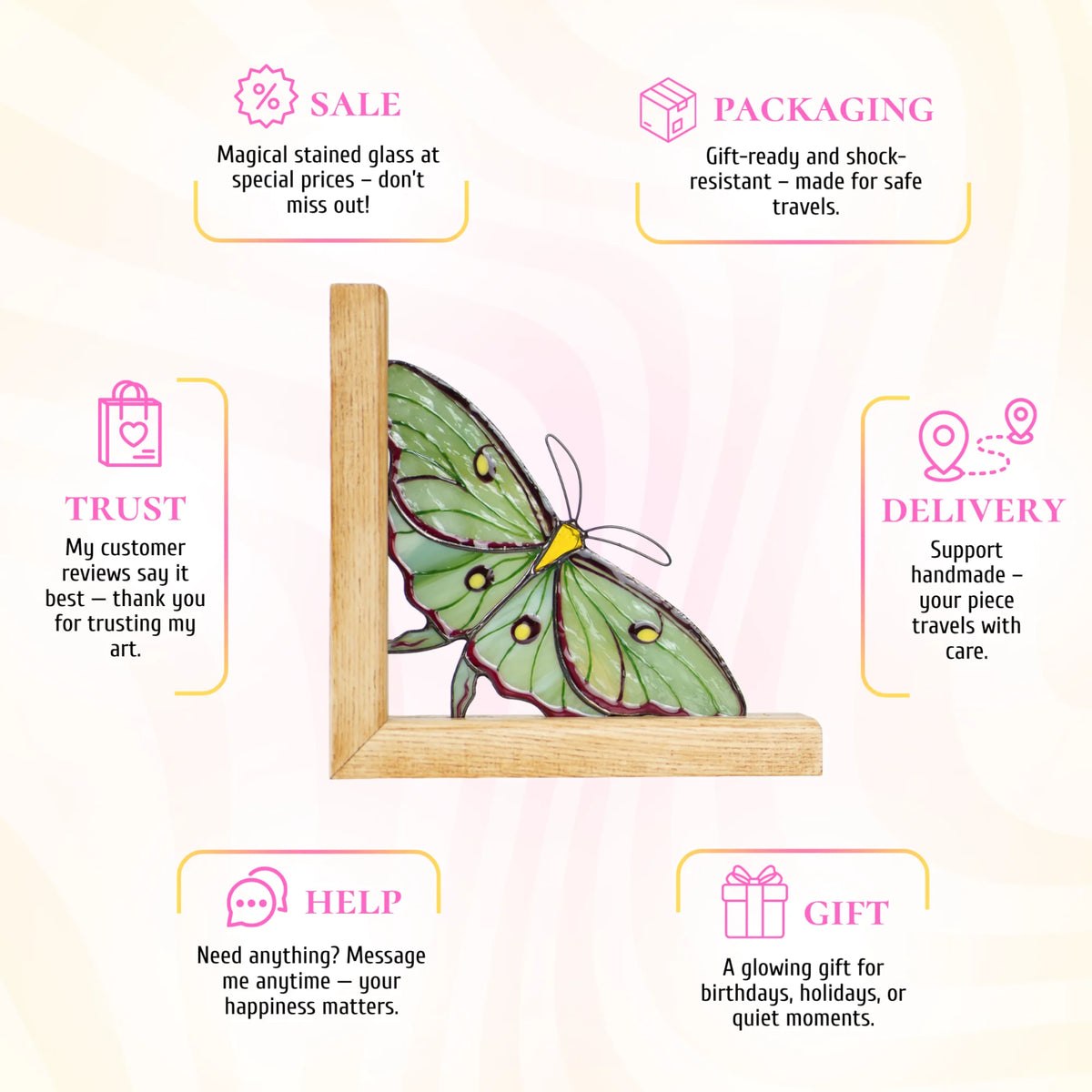 This green stained glass luna moth promotional infographic highlights its exceptional craftsmanship and presents it as a wonderful, gift-ready piece that brings a magical touch to any home.
