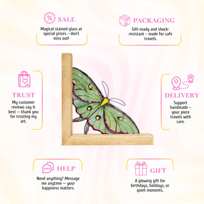 This green stained glass luna moth promotional infographic highlights its exceptional craftsmanship and presents it as a wonderful, gift-ready piece that brings a magical touch to any home.