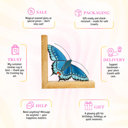 This black swallowtail stained glass promotional infographic emphasizes its rich, captivating colors and presents it as a wonderful, gift-ready centerpiece for any shelf.
