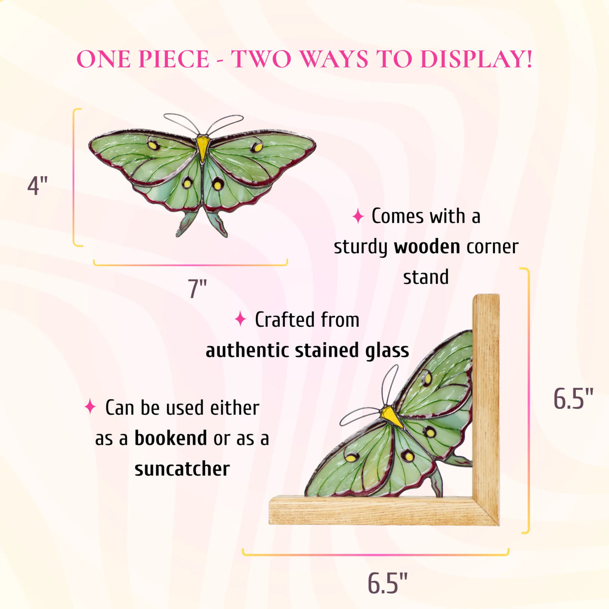 This green stained glass luna moth promotional infographic highlights its exceptional craftsmanship and presents it as a wonderful, gift-ready piece that brings a magical touch to any home.