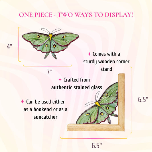 This green stained glass luna moth promotional infographic highlights its exceptional craftsmanship and presents it as a wonderful, gift-ready piece that brings a magical touch to any home.