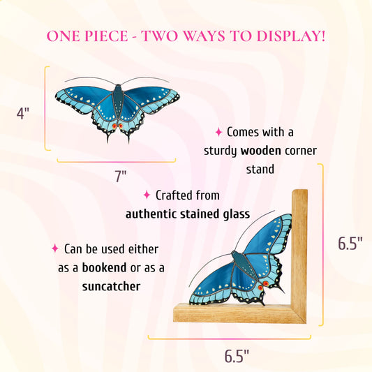 A dimension and feature infographic showing a black swallowtail stained glass butterfly measuring 7 inches wide by 4 inches tall, which can serve as a suncatcher or a bookend (which is 6.5 by 6.5 inches)