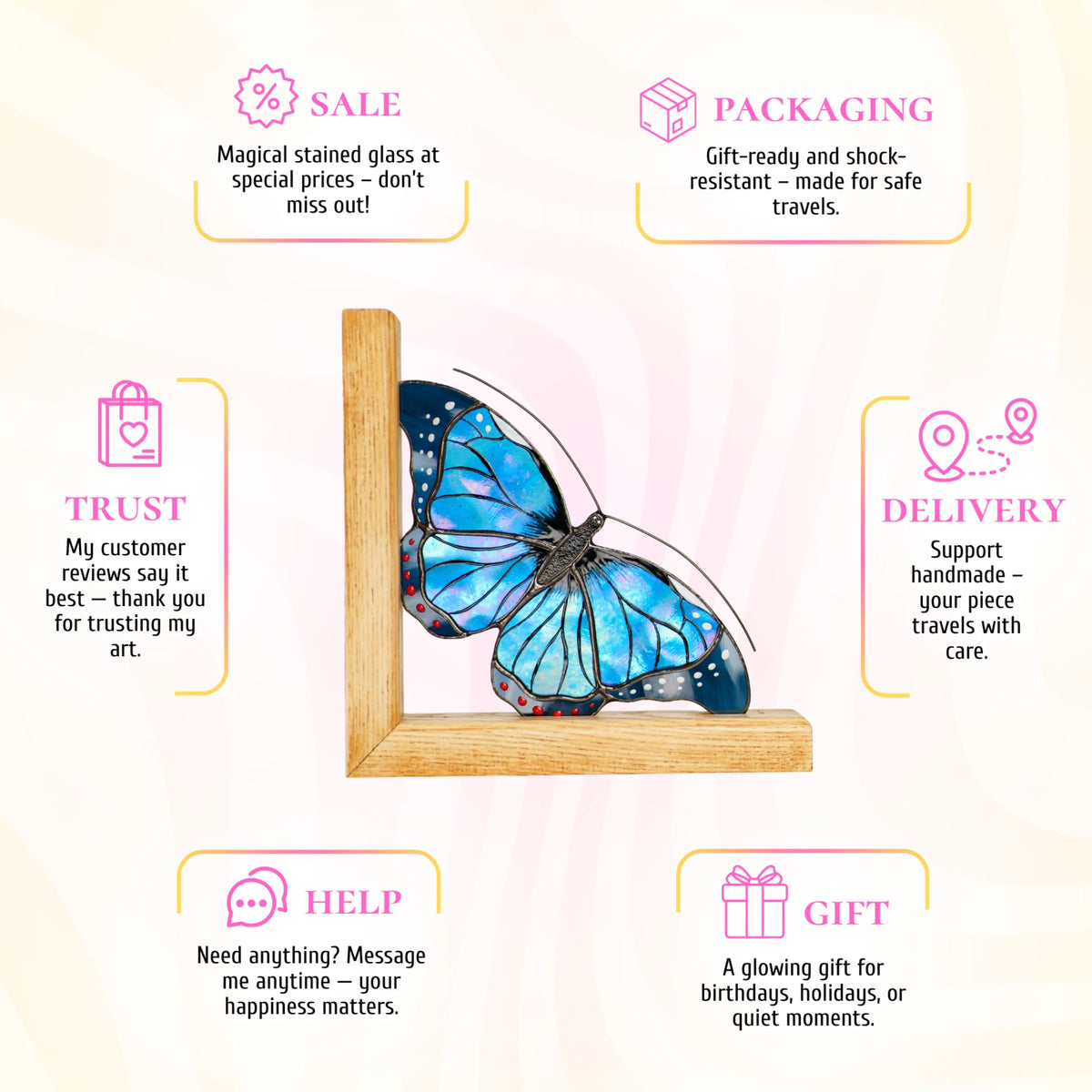 This blue stained glass butterfly promotional infographic highlights its exceptional craftsmanship and presents it as a wonderful, gift-ready piece that brings a magical touch to any home.