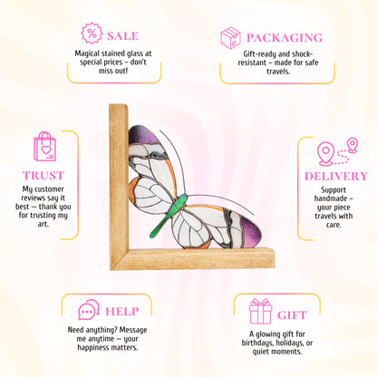 This white and orange stained glass butterfly promotional infographic emphasizes its unique artistic appeal and presents it as a delightful, gift-ready treasure for nature lovers.