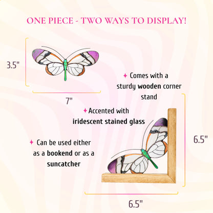 A dimension and feature infographic showing a white and orange stained glass butterfly measuring 7 inches wide by 3.5 inches tall, which can serve as a suncatcher or a bookend.