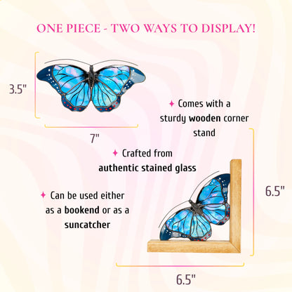 A dimension and feature infographic showing a blue stained glass butterfly measuring 7 inches wide by 3.5 inches tall, which can serve as a suncatcher or a bookend.