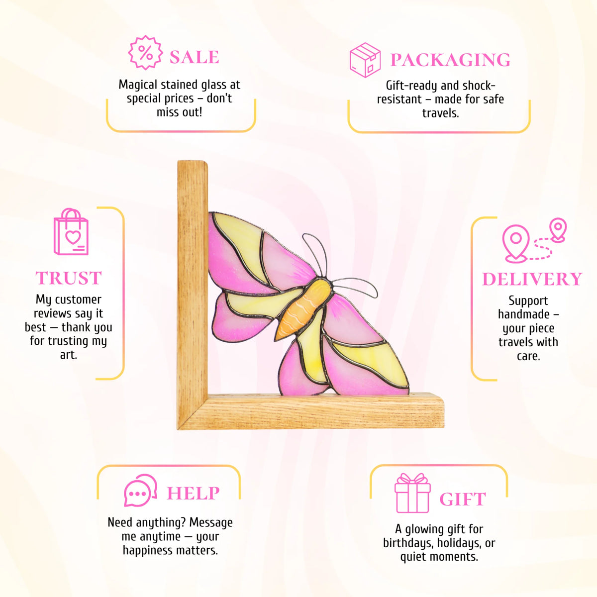 This pink and yellow stained glass moth promotional infographic showcases its delicate beauty and presents it as a charming, gift-ready accent that warms up any room.