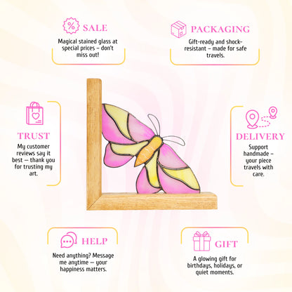 This pink and yellow stained glass moth promotional infographic showcases its delicate beauty and presents it as a charming, gift-ready accent that warms up any room.