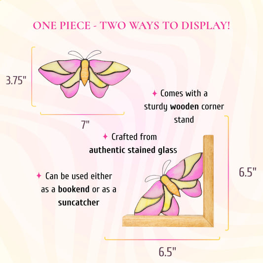 A dimension and feature infographic showing a pink and yellow stained glass moth measuring 7 inches wide by 3.75 inches tall, which can serve as a suncatcher or a bookend.