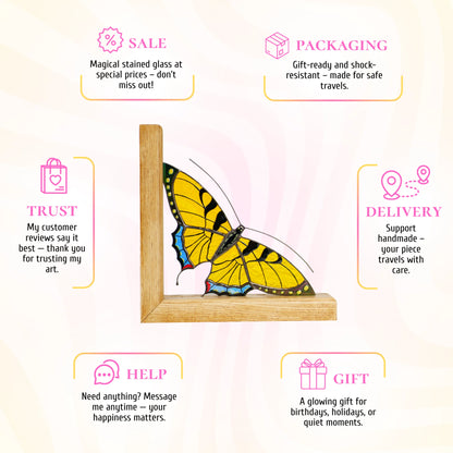 This yellow swallowtail stained glass butterfly promotional infographic celebrates its vibrant design and positions it as an exquisite, gift-ready piece of handmade art.