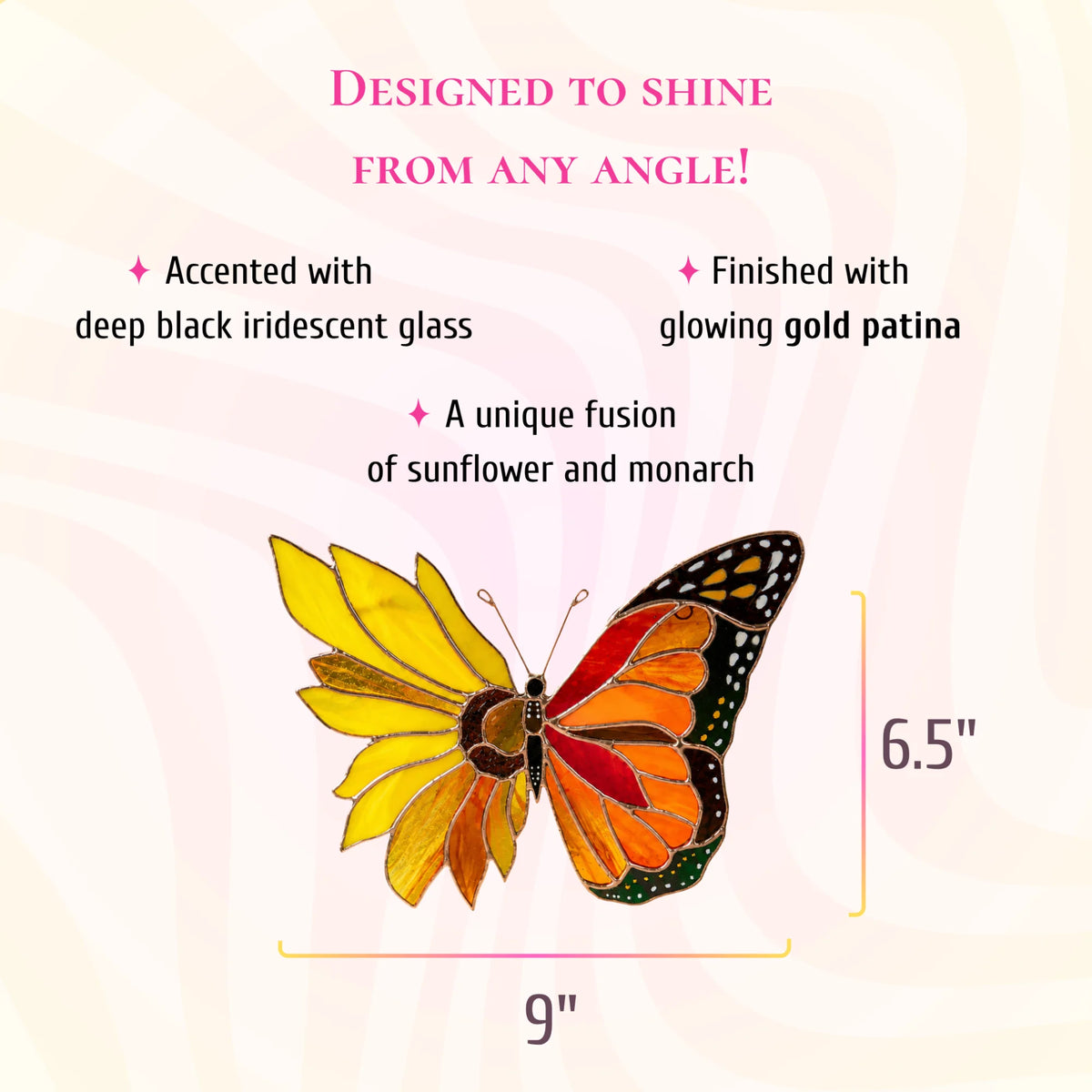 This dimensions infographic shows the stained glass butterfly is 9 inches wide by 6.5 inches high, crafted with deep black iridescent glass
